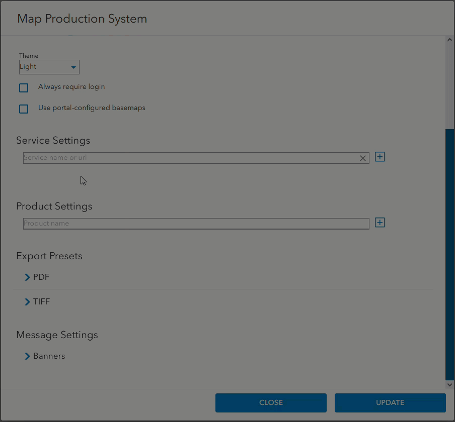 A value is provided for the Service Settings option in the Map Production System dialog box. A value is provided for the Service Settings option in the Map Production System dialog box.