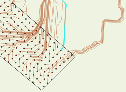 Map showing many paths starting from destinations close together converging and traveling side by side toward a source Map showing many paths starting from destinations close together converging and traveling side by side toward a source